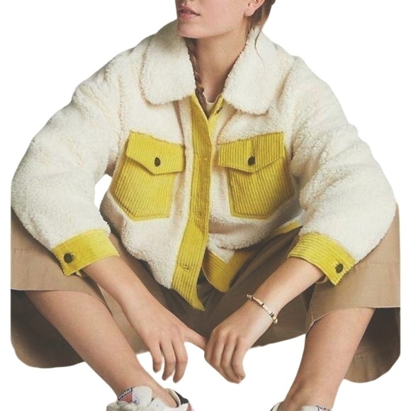 NWT Anthropologie Leslie Corduroy-Trimmed Sherpa Jacket Size M, Ecru, Yellow - Picture 1 of 16